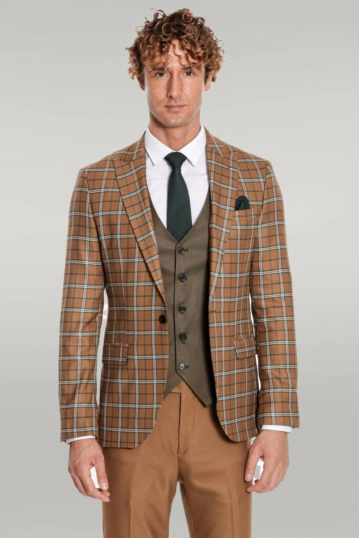 Brown Vested Slim Fit Checked Tan Men Suit - Wessi sold by Wessi product image thumbnail 5