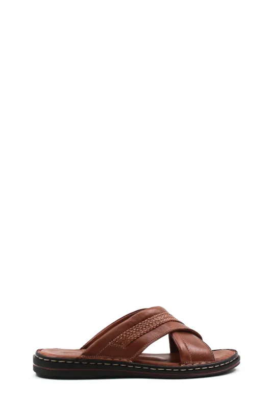 Men's Brown Leather Slippers with Cross-Strap Design and Stitched Sole - Wessi sold by Wessi