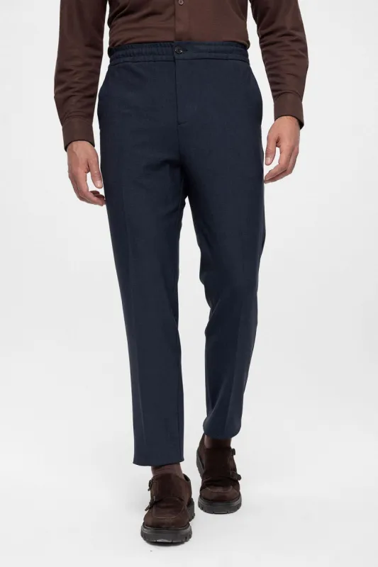 Men's Navy Blue Regular Fit  Trousers with Elastic Waist - Wessi sold by Wessi