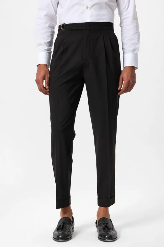 Men's Dark Brown High-Waist Buckle Closure Pleated Pants - Wessi sold by Wessi
