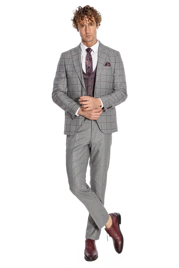 Slim Fit Checked Patterned Grey Men Suit - Wessi sold by Wessi product image thumbnail 2