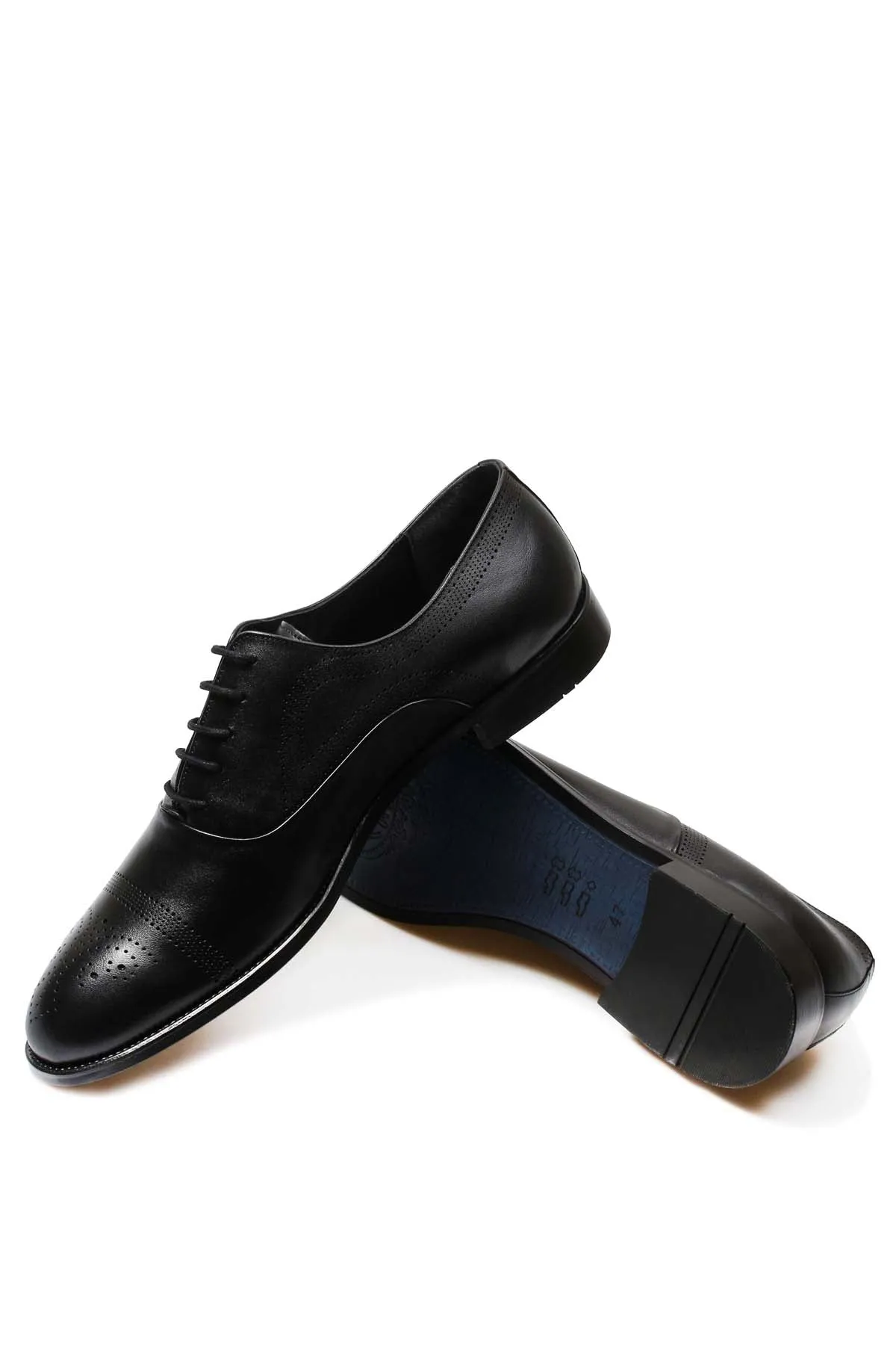 Men's Black Leather Oxford Shoes with Perforated Cap Toe - Wessi sold by Wessi product image thumbnail 4