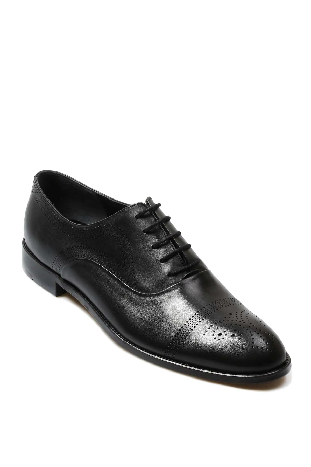 Men's Black Leather Oxford Shoes with Perforated Cap Toe - Wessi sold by Wessi product image thumbnail 3