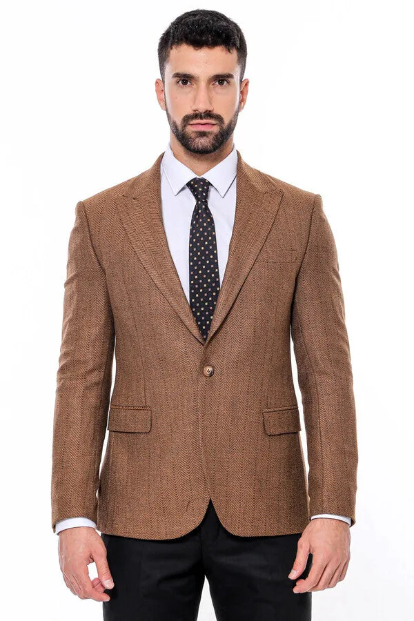 Slim Fit Patterned Light Brown Men Blazer - Wessi sold by Wessi