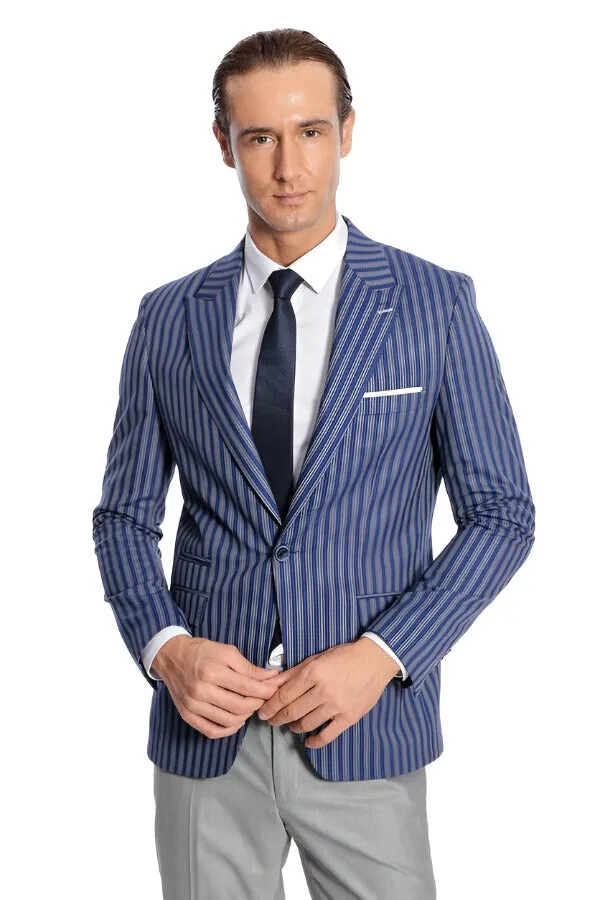 Striped Blue Slim-Fit Blazer - Wessi sold by Wessi