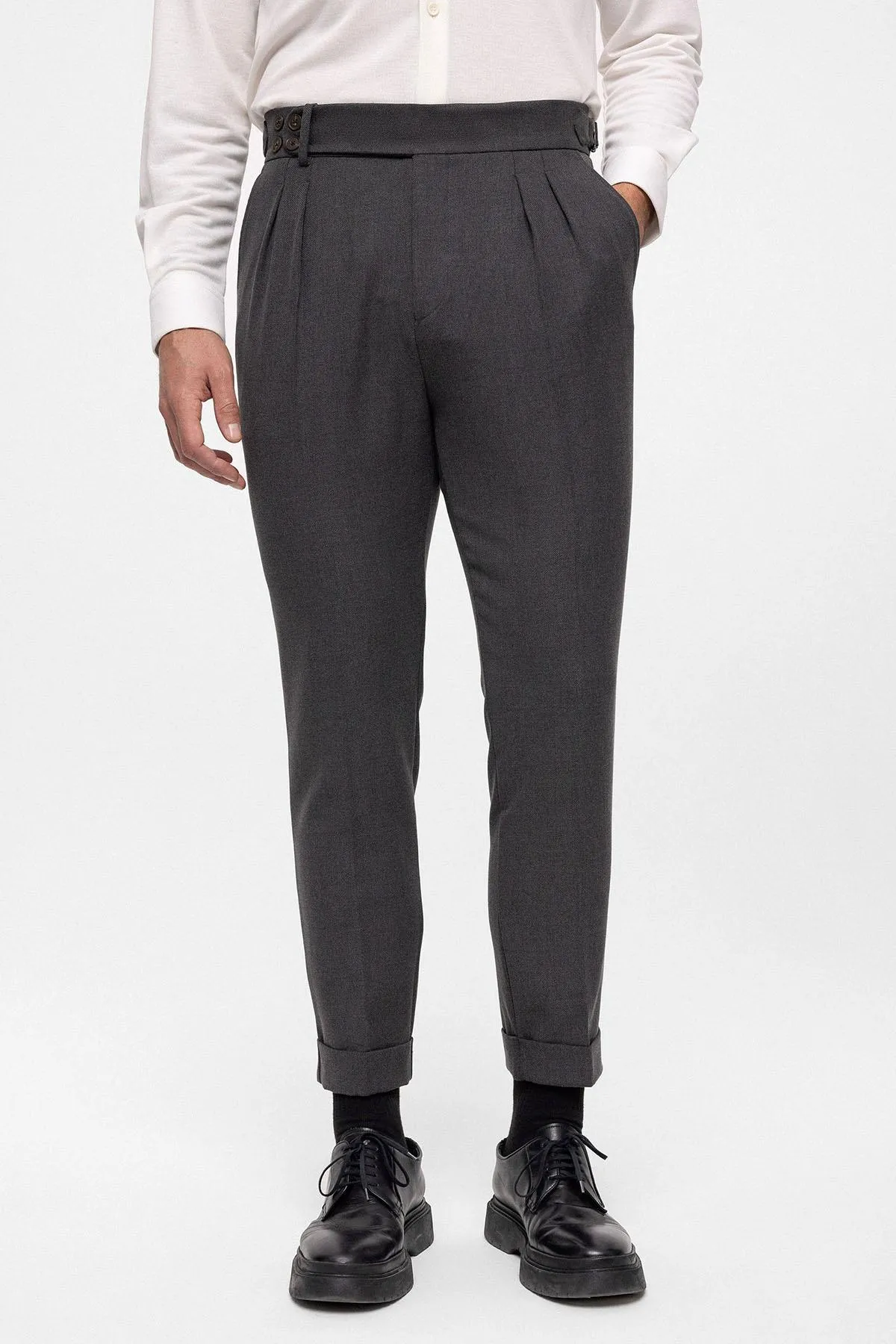 Anthracite High Waist (Boyfriend) Side Buckled Belt Detail Pleated Fabric Trousers - Wessi sold by Wessi product image thumbnail 2