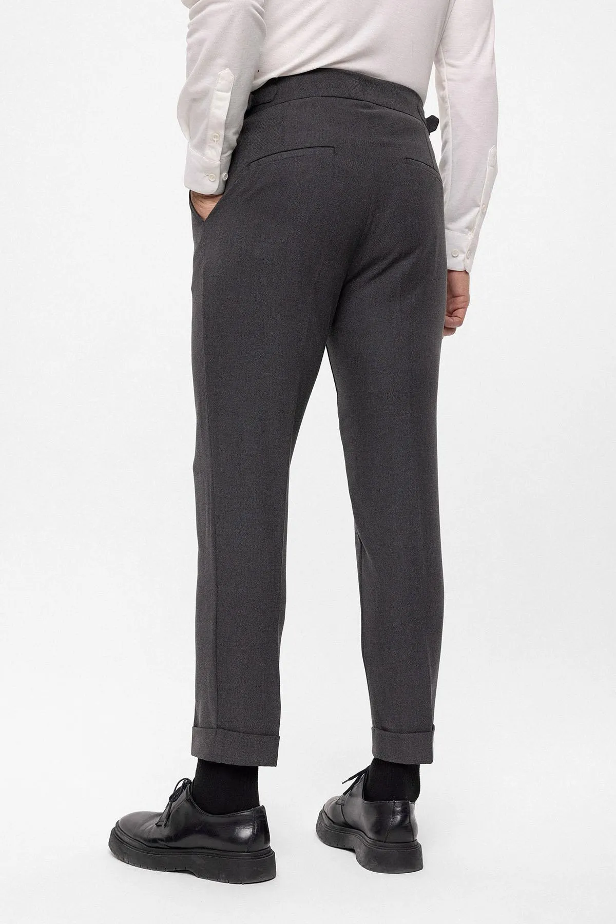 Anthracite High Waist (Boyfriend) Side Buckled Belt Detail Pleated Fabric Trousers - Wessi sold by Wessi product image thumbnail 5