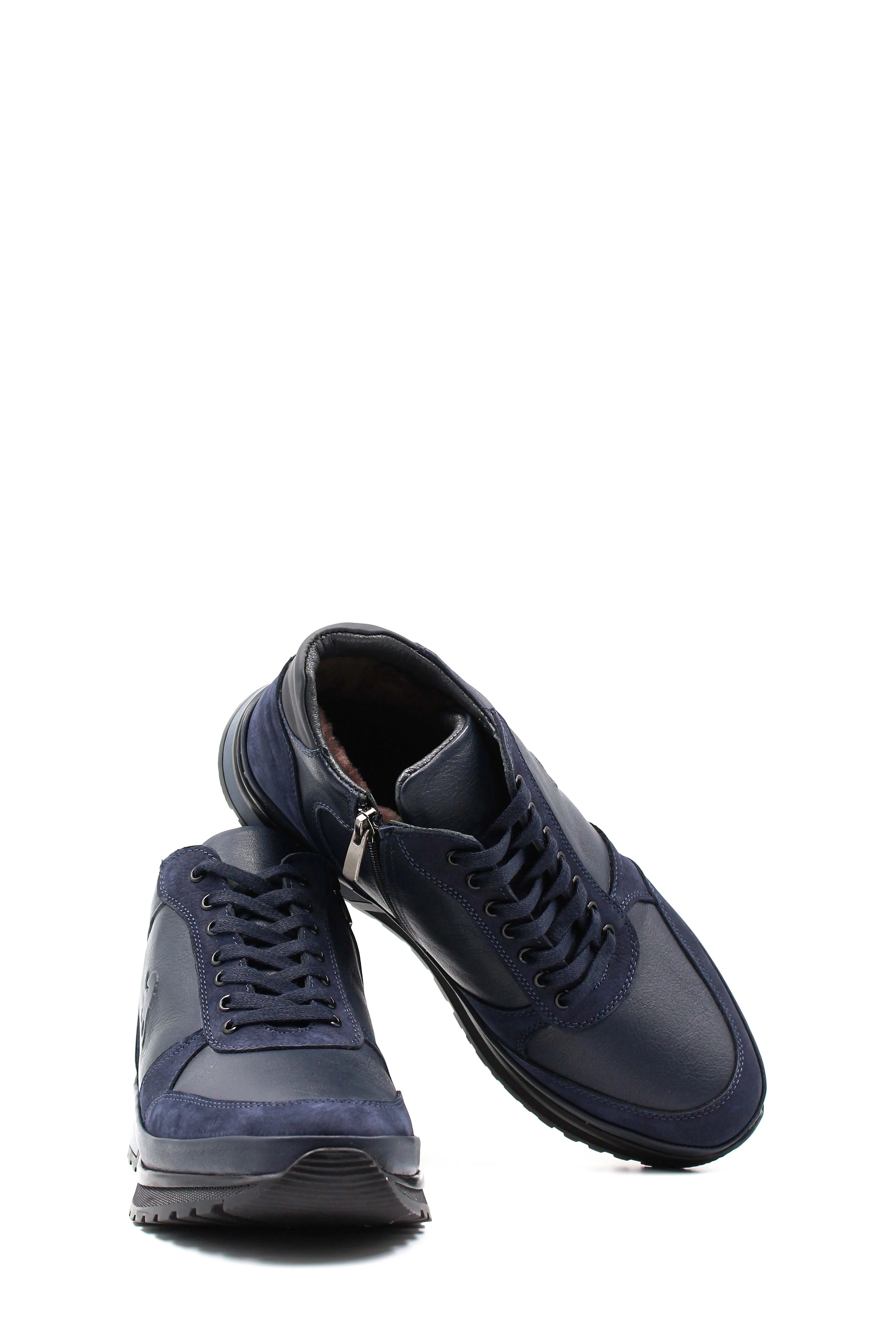 Men's Navy Blue Leather Sneakers with Side Zipper and Fur Lining - Wessi sold by Wessi product image thumbnail 4