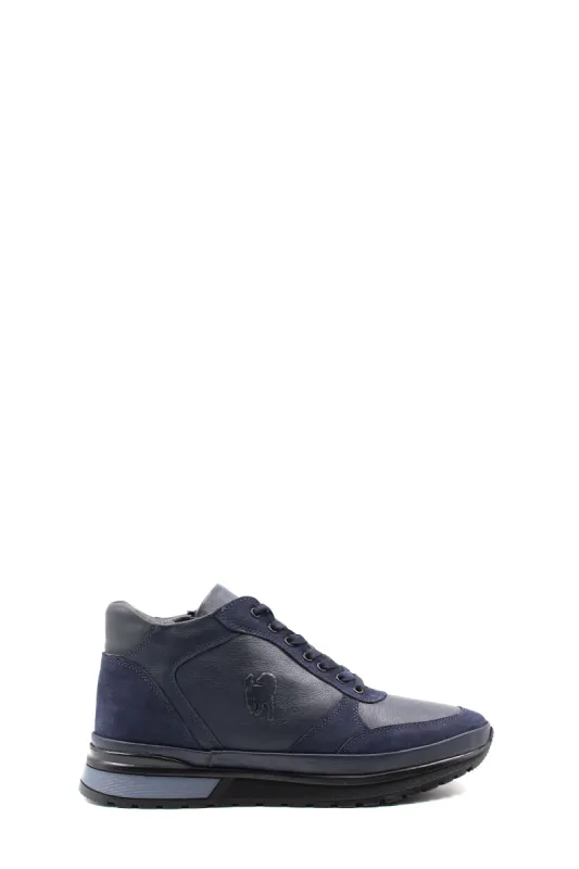 Men's Navy Blue Leather Sneakers with Side Zipper and Fur Lining - Wessi sold by Wessi