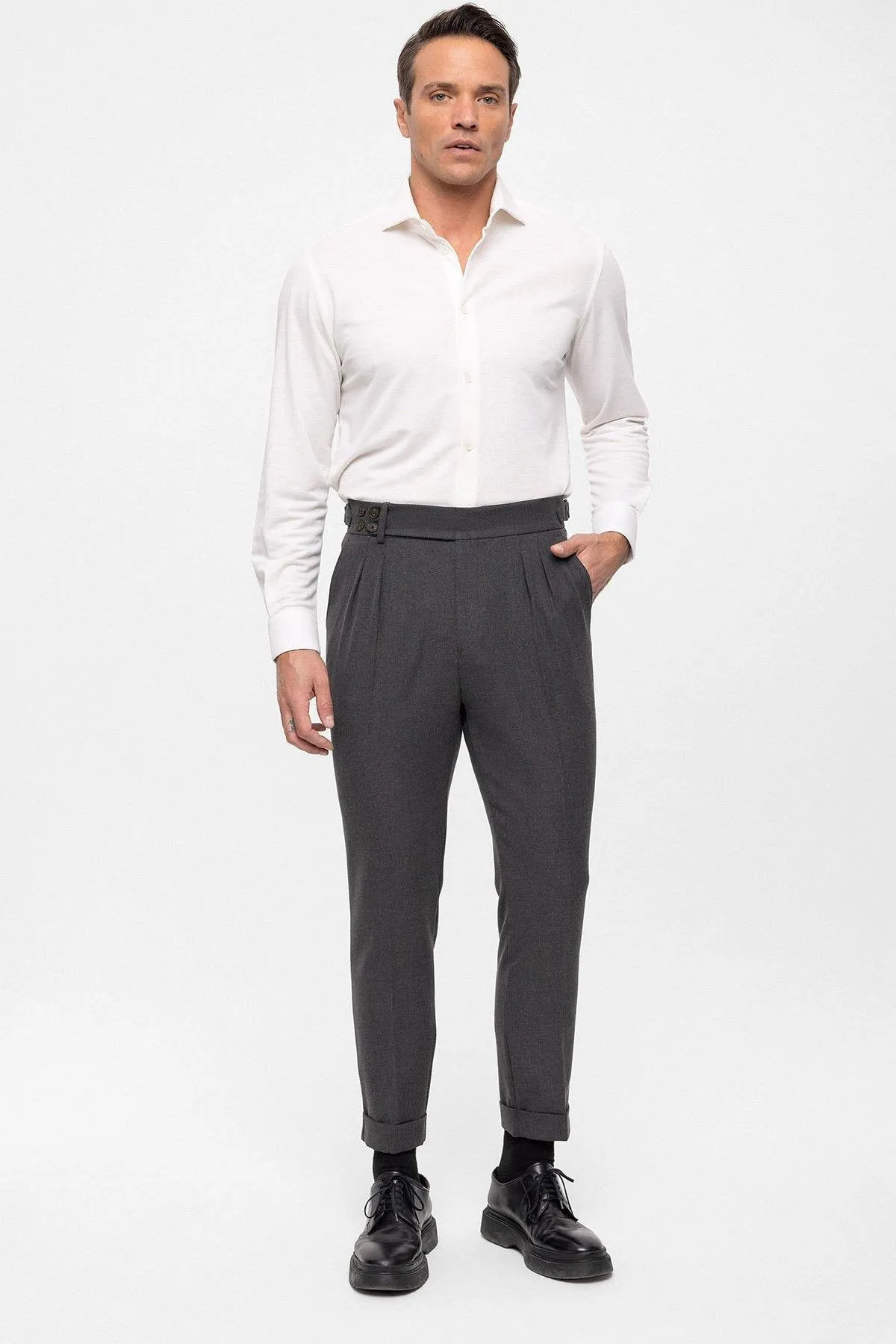 Anthracite High Waist (Boyfriend) Side Buckled Belt Detail Pleated Fabric Trousers - Wessi sold by Wessi