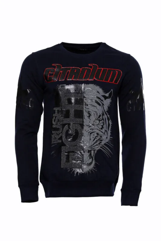 Navy Blue Patterned Slim Fit Sweatshirt - Wessi sold by Wessi