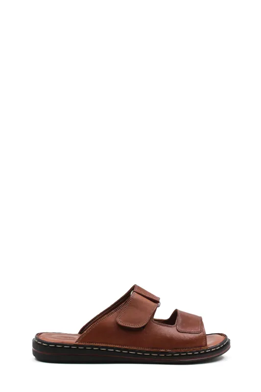 Men's Brown Leather Slippers with Dual Velcro Straps - Wessi sold by Wessi