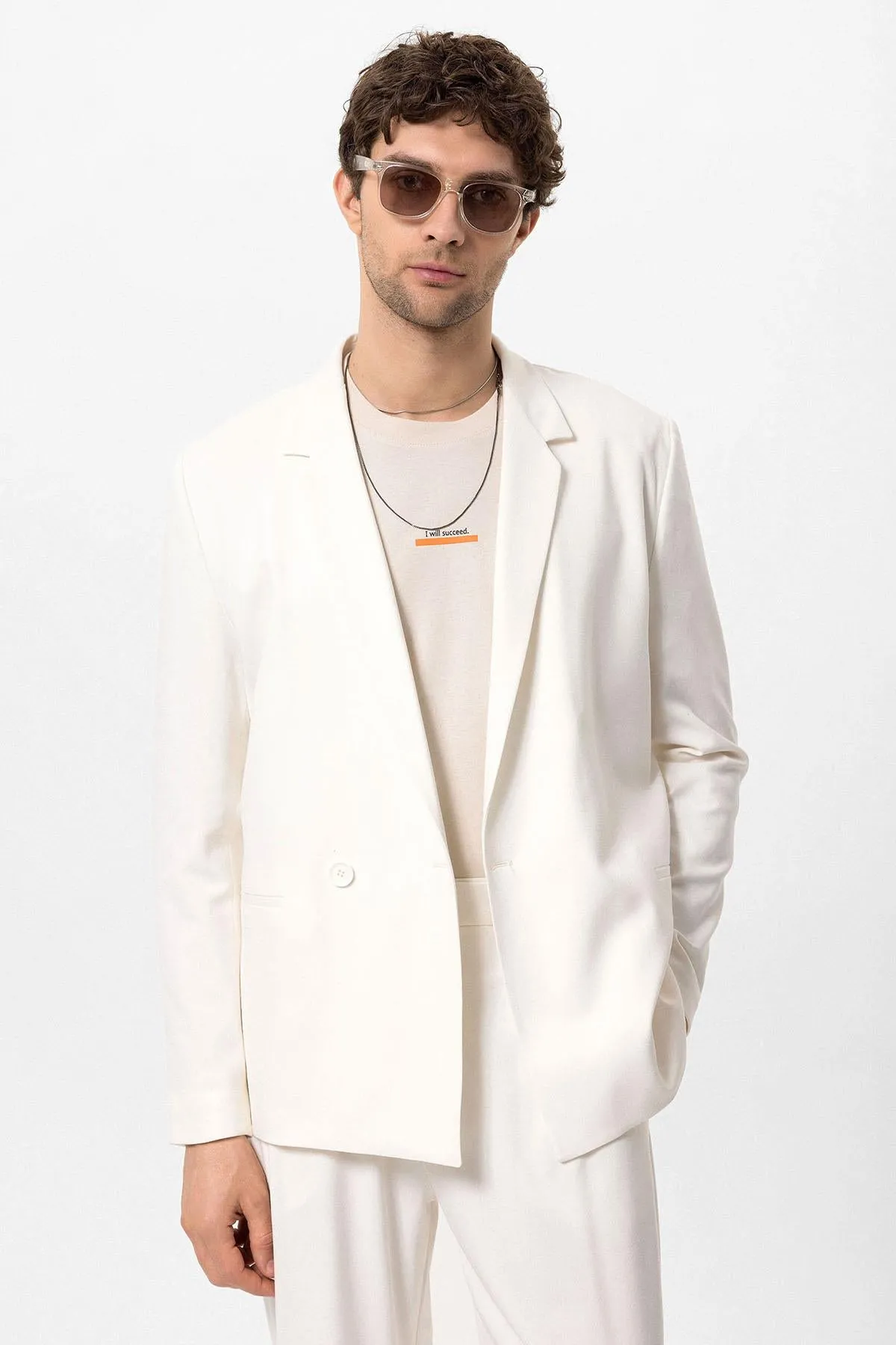 Men's Ecru Single-Button Double-Breasted Blazer - Wessi sold by Wessi product image thumbnail 2