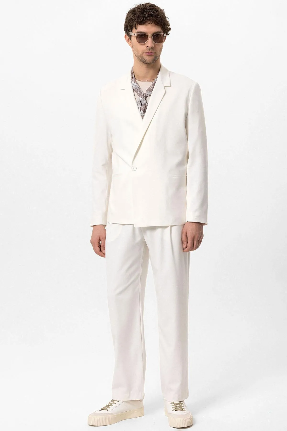 Men's Ecru Single-Button Double-Breasted Blazer - Wessi sold by Wessi product image thumbnail 3