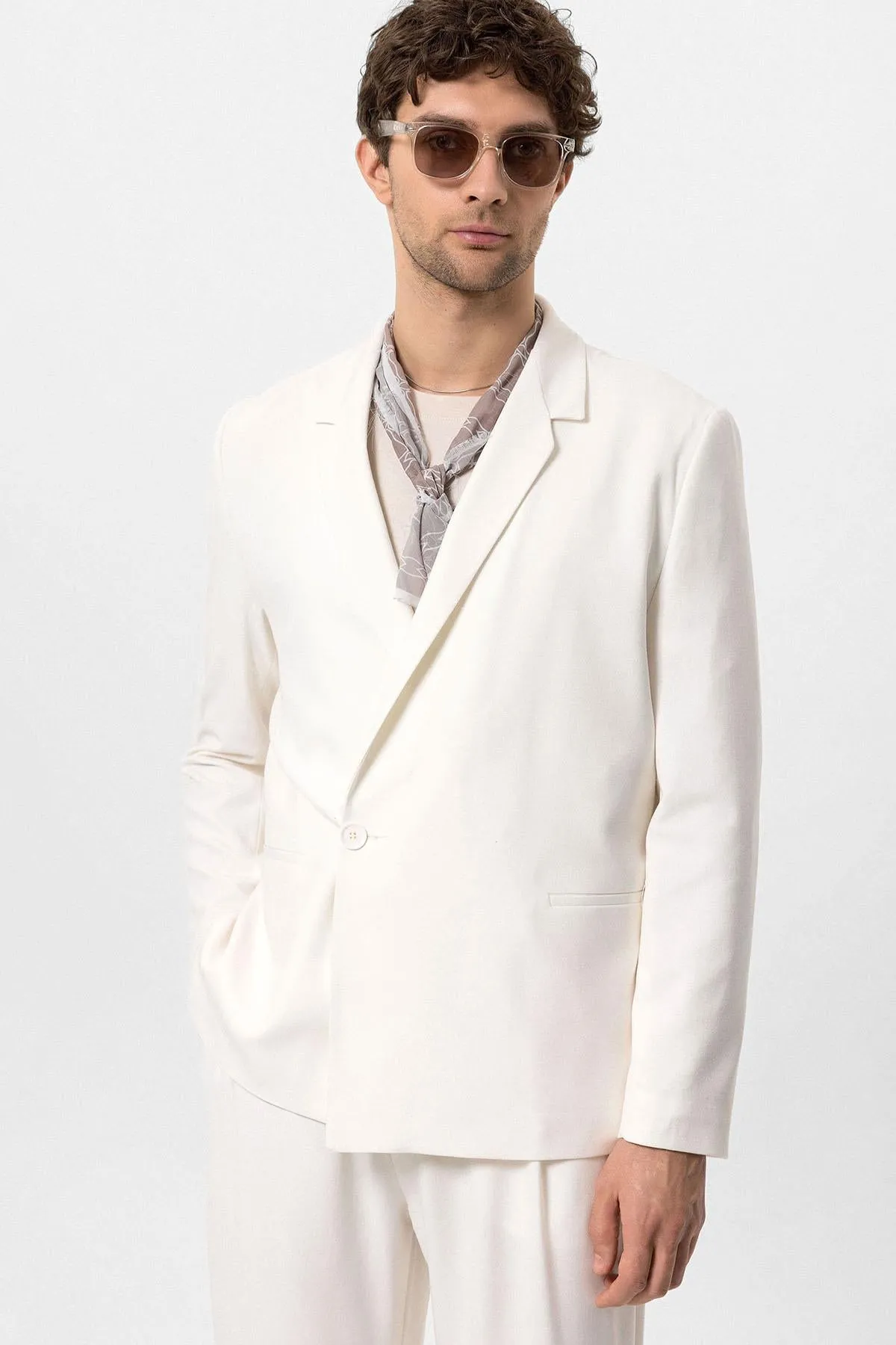 Men's Ecru Single-Button Double-Breasted Blazer - Wessi sold by Wessi