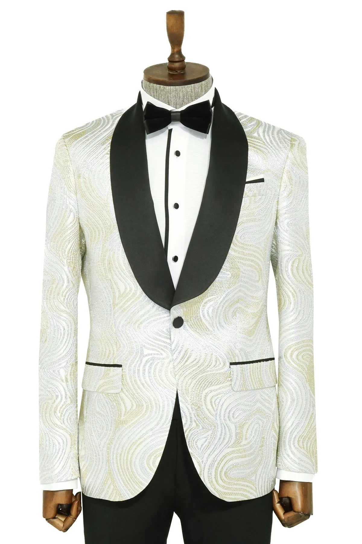 Gold Patterned Over White Men Tuxedo Blazer - Wessi sold by Wessi