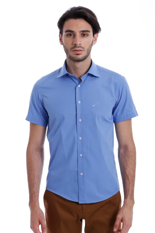 Short Sleeve Poly Cotton Slim Fit Blue Men Shirt - Wessi sold by Wessi