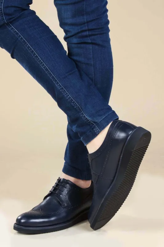 Men's Navy Leather Brogue Dress Shoes with Rubber Sole - Wessi sold by Wessi