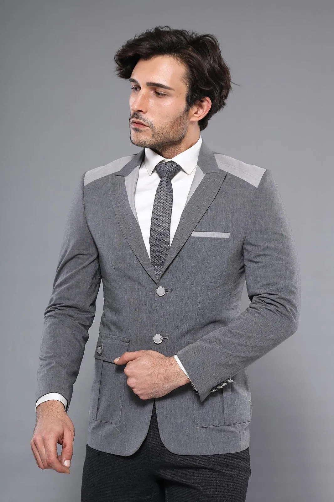 Double Button Bag Pocket Pointed Collar Grey Jacket-Wessi sold by Wessi product image thumbnail 3