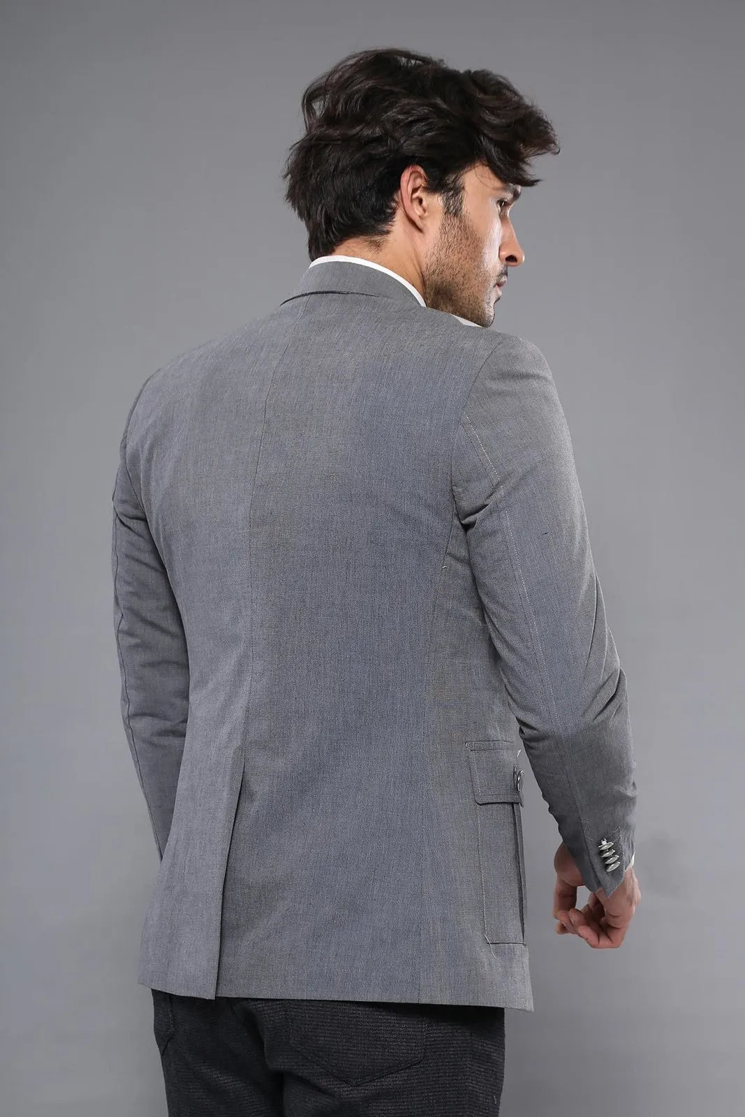 Double Button Bag Pocket Pointed Collar Grey Jacket-Wessi sold by Wessi product image thumbnail 4