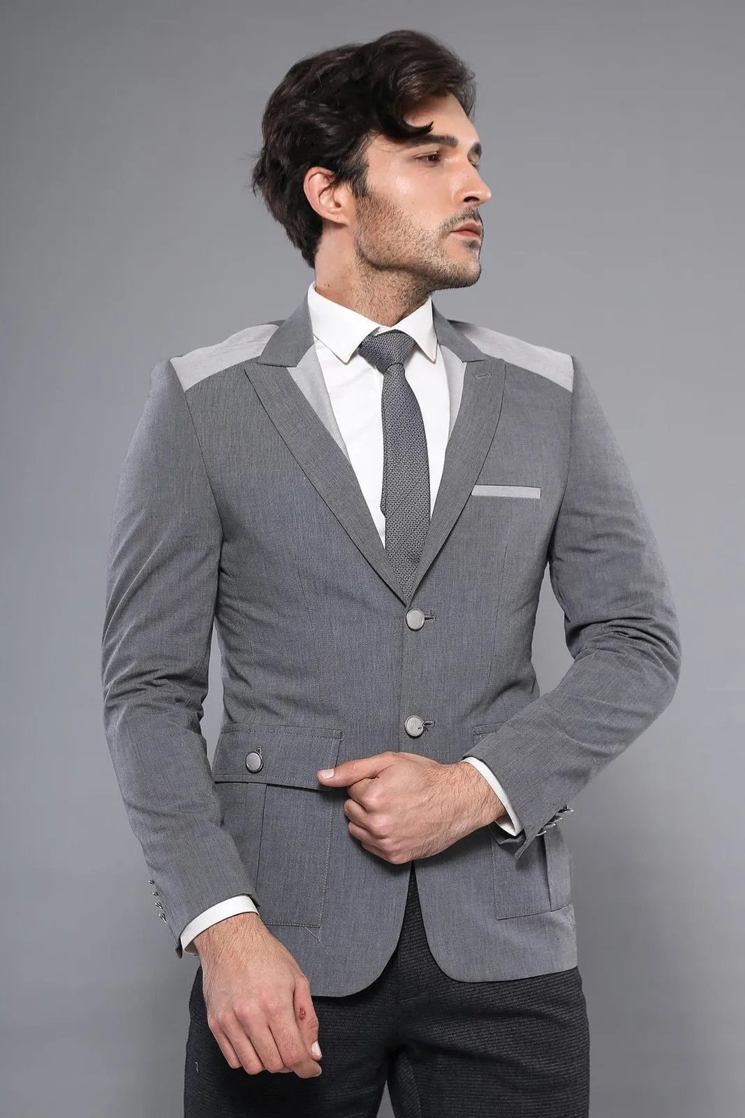 Double Button Bag Pocket Pointed Collar Grey Jacket-Wessi sold by Wessi