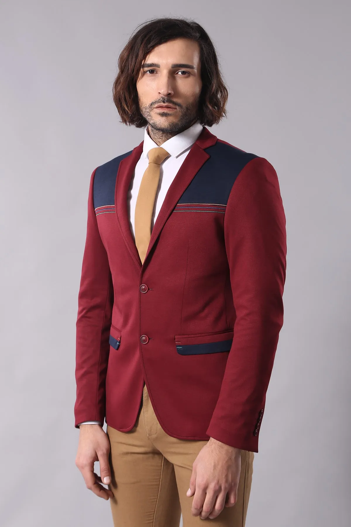 Collar Embroidery Combed Burgundy Men Jacket - Wessi sold by Wessi