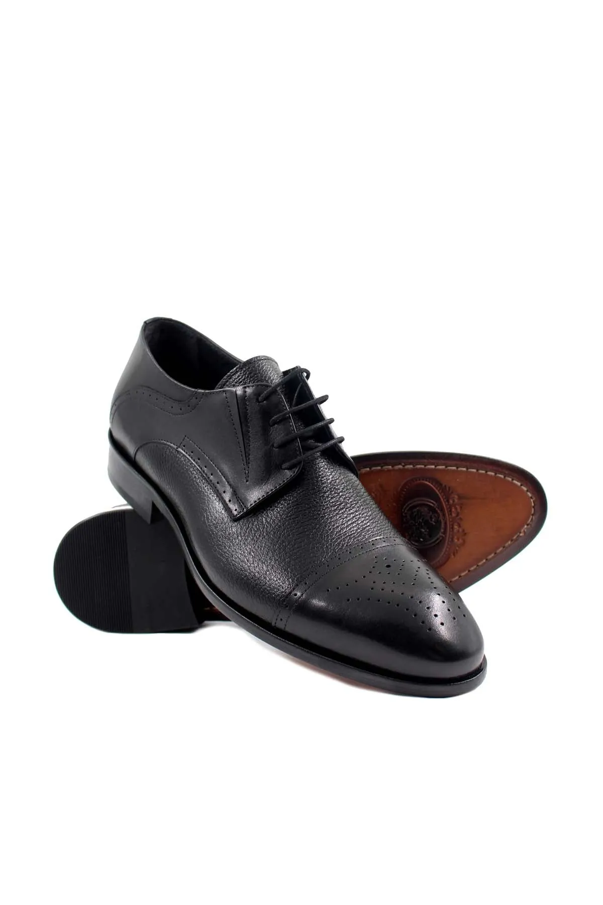 Men's Black Leather Oxford Shoes with Perforated Cap-Toe - Wessi sold by Wessi product image thumbnail 5