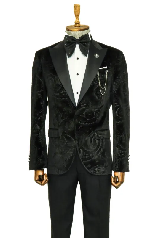 Floral Patterned Velvet Black Men Prom Blazer and Trousers Combination  Suit- Wessi sold by Wessi