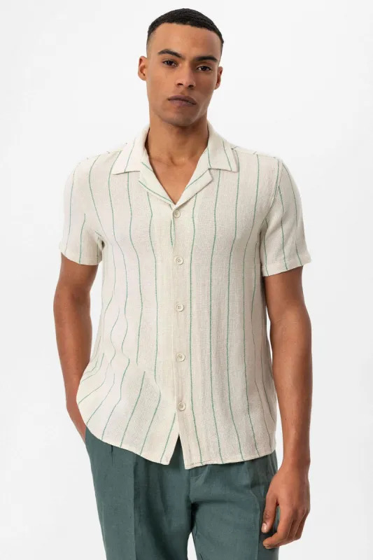 Men's Green Striped Camp Collar Short-Sleeve Linen Shirt - Wessi sold by Wessi