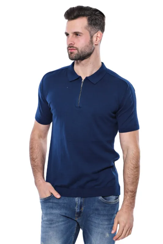 Polo Neck Plain Blue Knitted T-Shirt - Wessi sold by Wessi