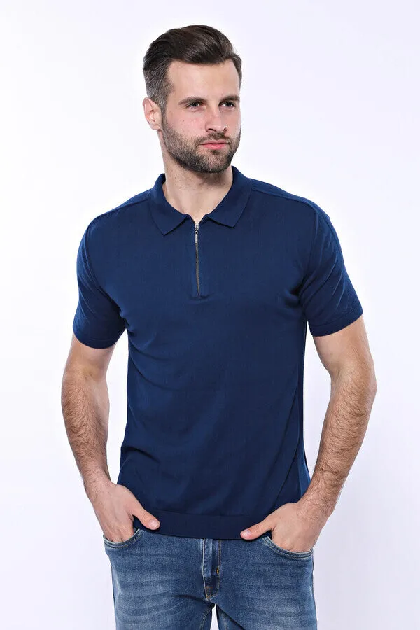 Polo Neck Plain Blue Knitted T-Shirt - Wessi sold by Wessi product image thumbnail 3