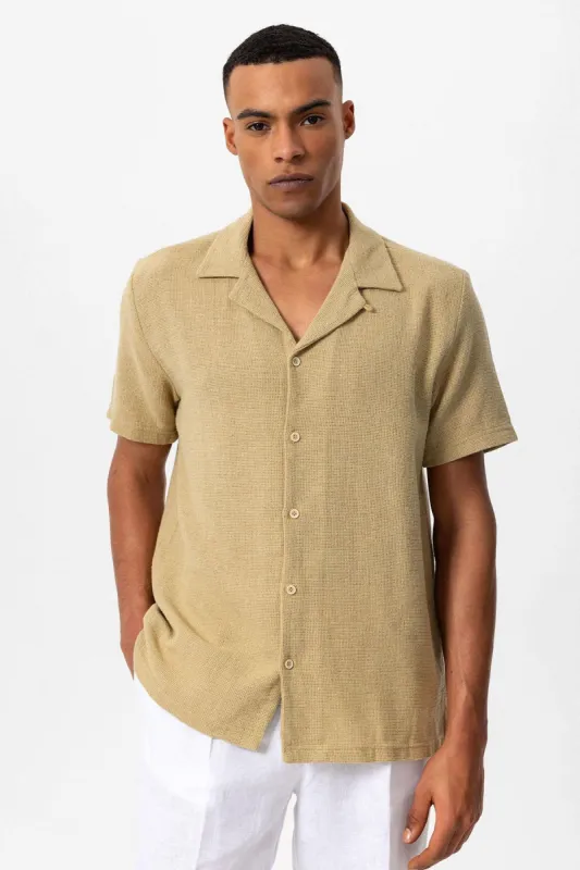 Men's Beige Knit Textured Camp Collar Shirt - Wessi sold by Wessi