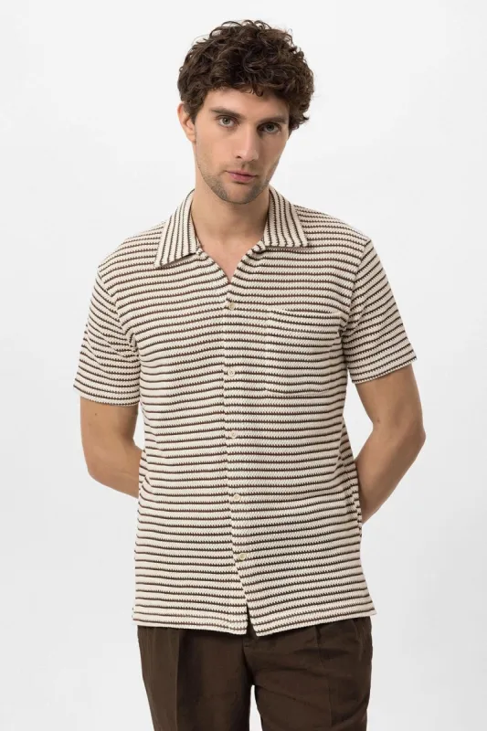 Men's Brown Knit Striped Short Sleeve Shirt - Wessi sold by Wessi