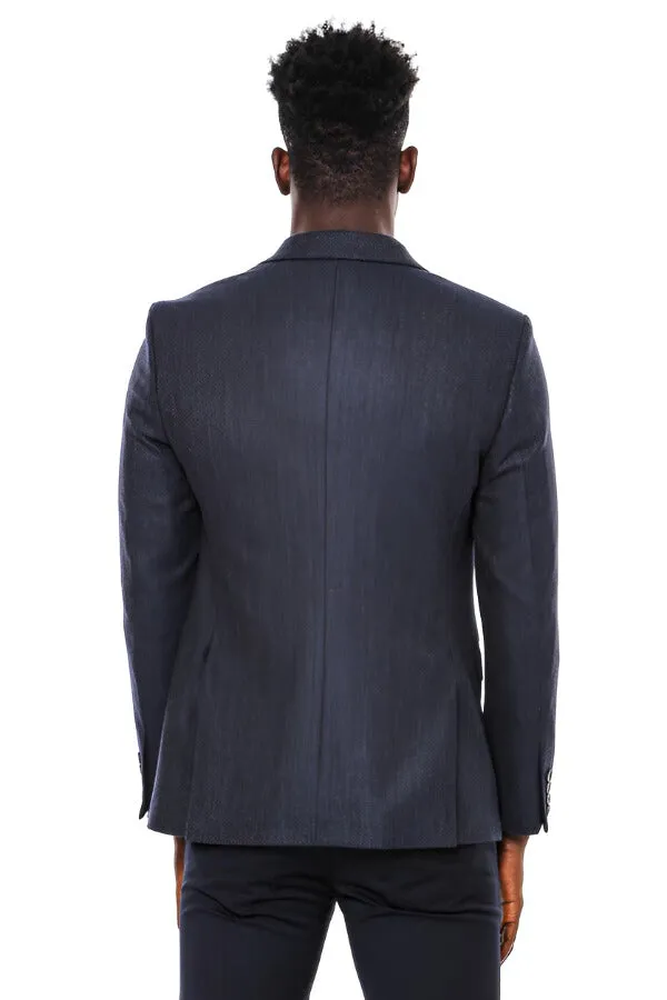 Navy Blue Patterned Slim-Fit Blazer - Wessi sold by Wessi product image thumbnail 4