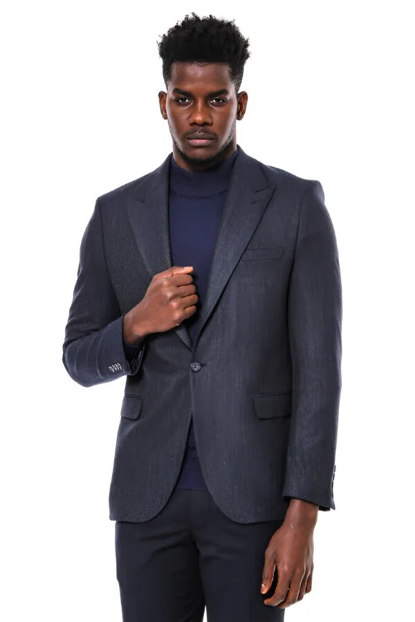 Navy Blue Patterned Slim-Fit Blazer - Wessi sold by Wessi
