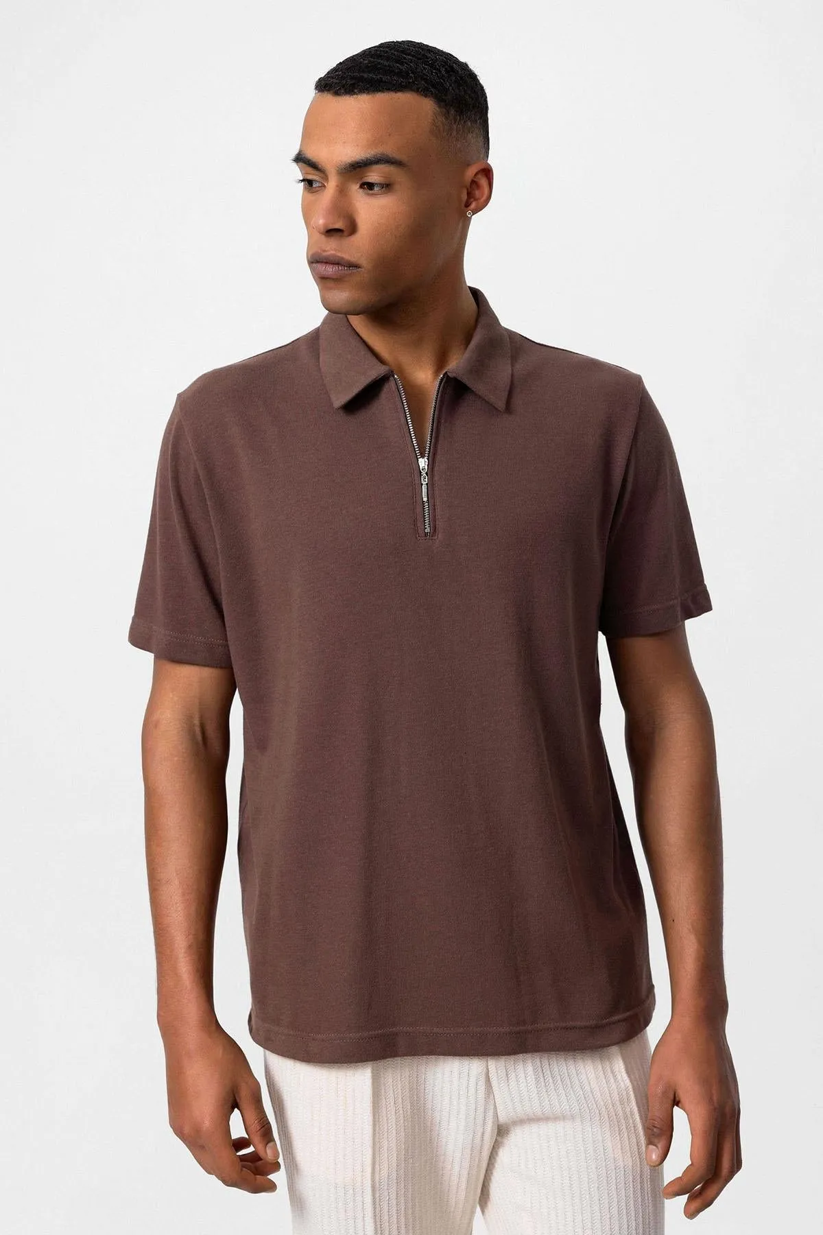 Men's Brown Polo Neck Zippered T-Shirt - Wessi sold by Wessi product image thumbnail 3