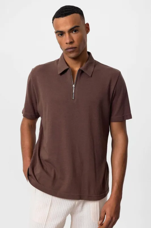 Men's Brown Polo Neck Zippered  T-Shirt - Wessi sold by Wessi