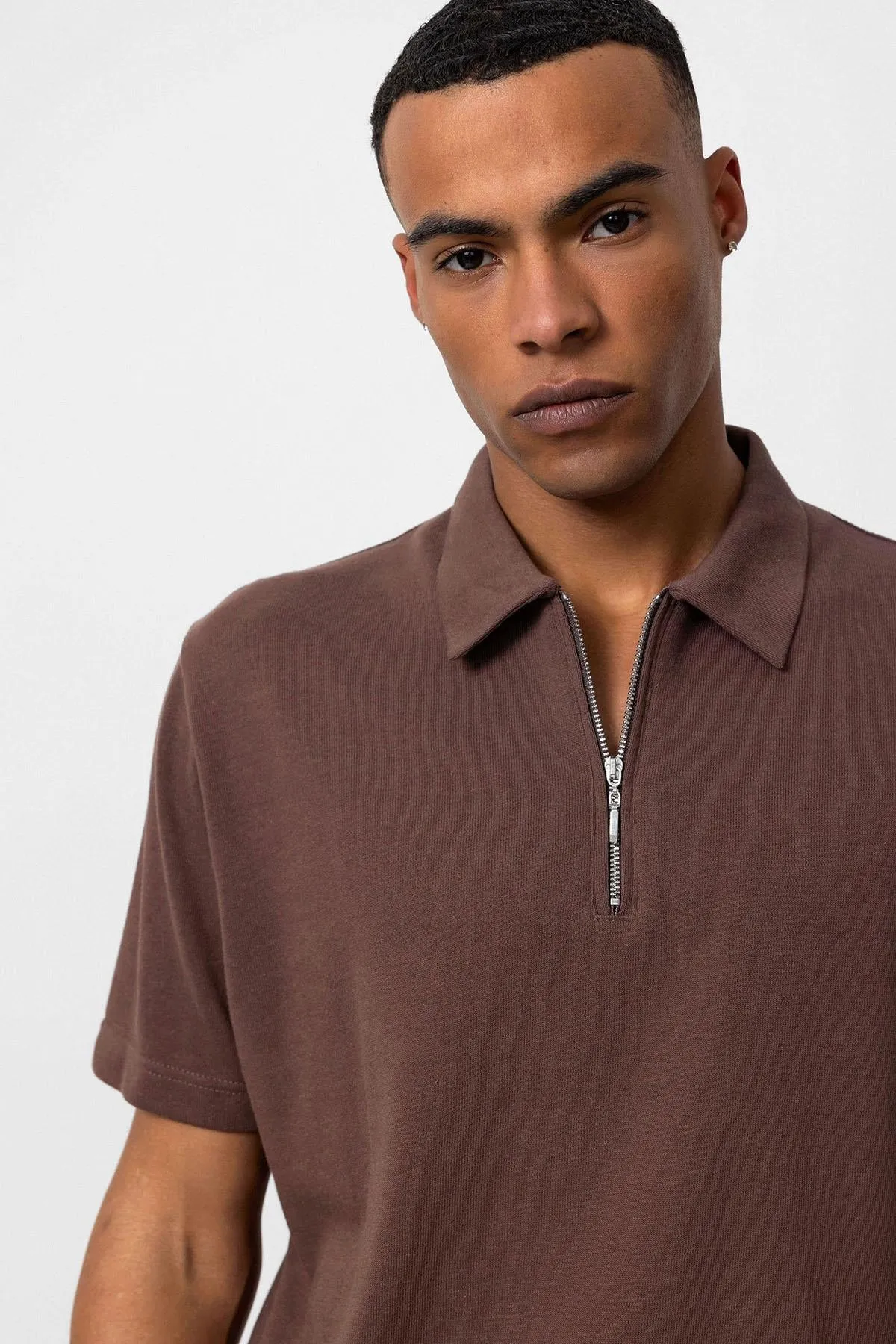 Men's Brown Polo Neck Zippered T-Shirt - Wessi sold by Wessi product image thumbnail 4