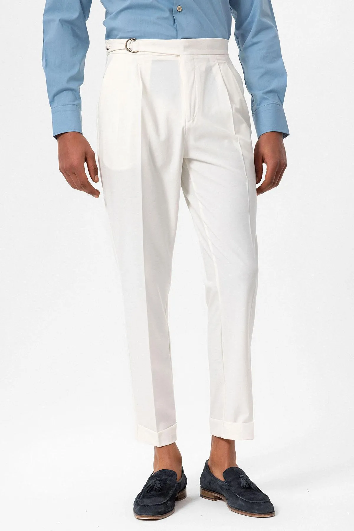 Ecru High Waist Buckle Closure Pleated Men's Trousers - Wessi sold by Wessi product image thumbnail 2