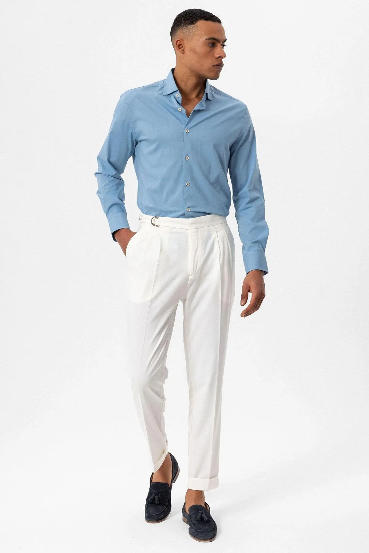 Ecru High Waist Buckle Closure Pleated Men's Trousers - Wessi sold by Wessi product image thumbnail 3