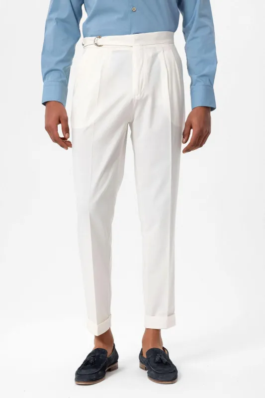 Ecru High Waist Buckle Closure Pleated Men's Trousers - Wessi sold by Wessi