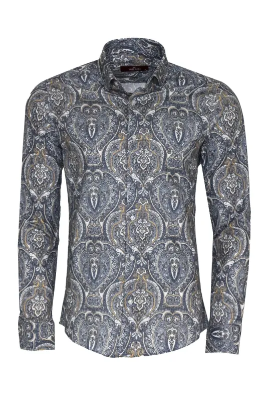 Damask Pattern Blue Slim Fit Shirt - Wessi sold by Wessi