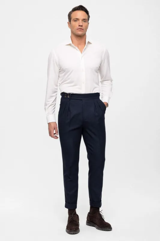 Dark Navy Blue High Waist (Boyfriend) Side Buckled Belt Detail Pleated Fabric Trousers - Wessi sold by Wessi