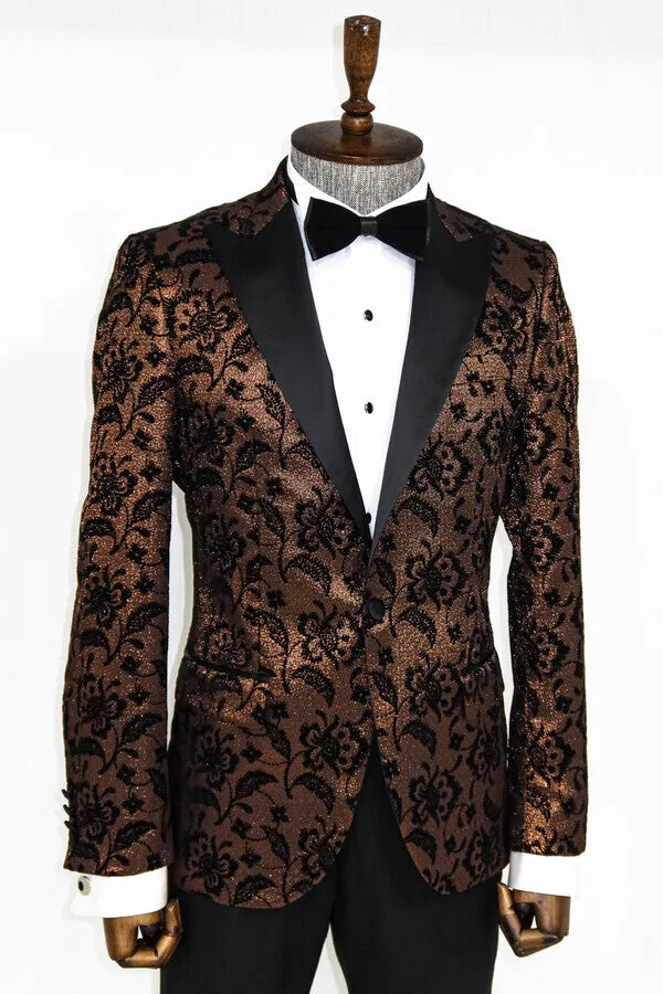 Floral Patterned Peak Lapel Gold Men Singer Party Blazer - Wessi sold by Wessi product image thumbnail 3