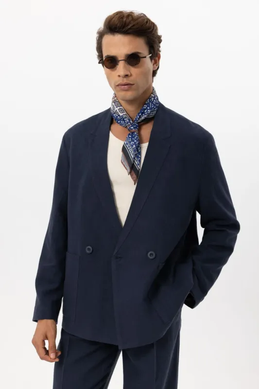 Men's Navy Blue Navy Linen Blend Double-Breasted Jacket - Wessi sold by Wessi