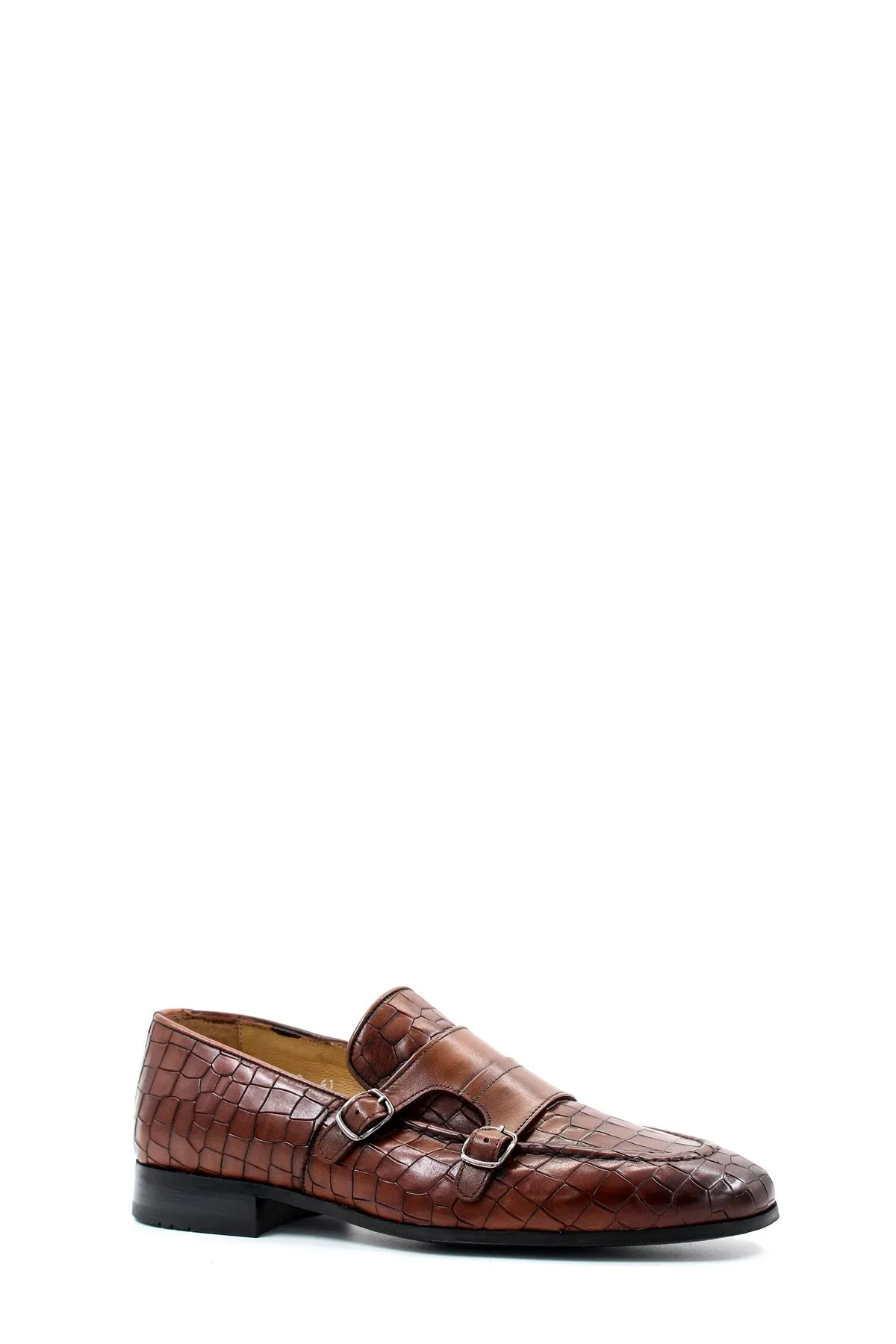 Men's Brown Croc-Embossed Leather Loafers Double Monk Strap Wessi sold by Wessi product image thumbnail 3