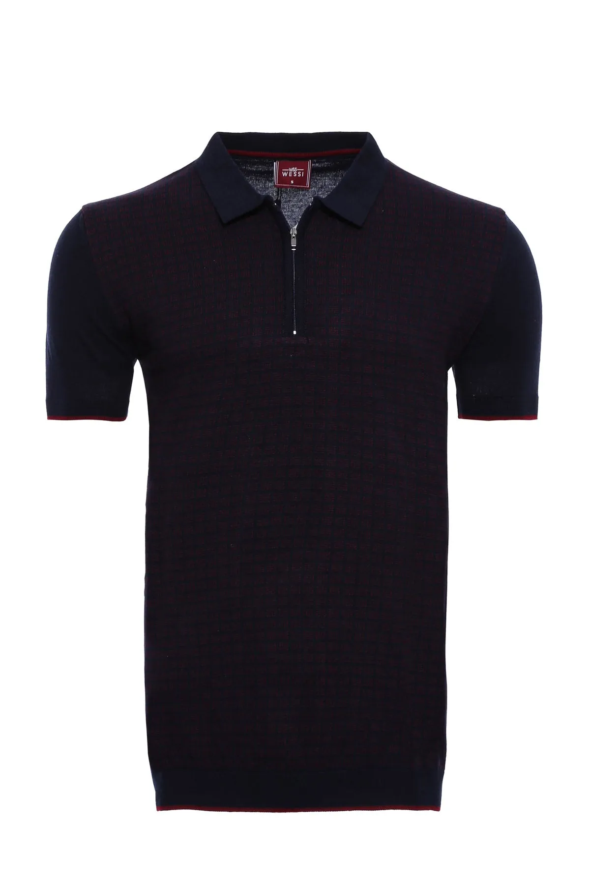 Dark Blue Plaid Zippered Knitted Polo T-Shirt - Wessi sold by Wessi