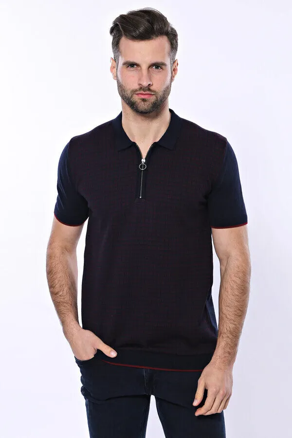 Dark Blue Plaid Zippered Knitted Polo T-Shirt - Wessi sold by Wessi product image thumbnail 2