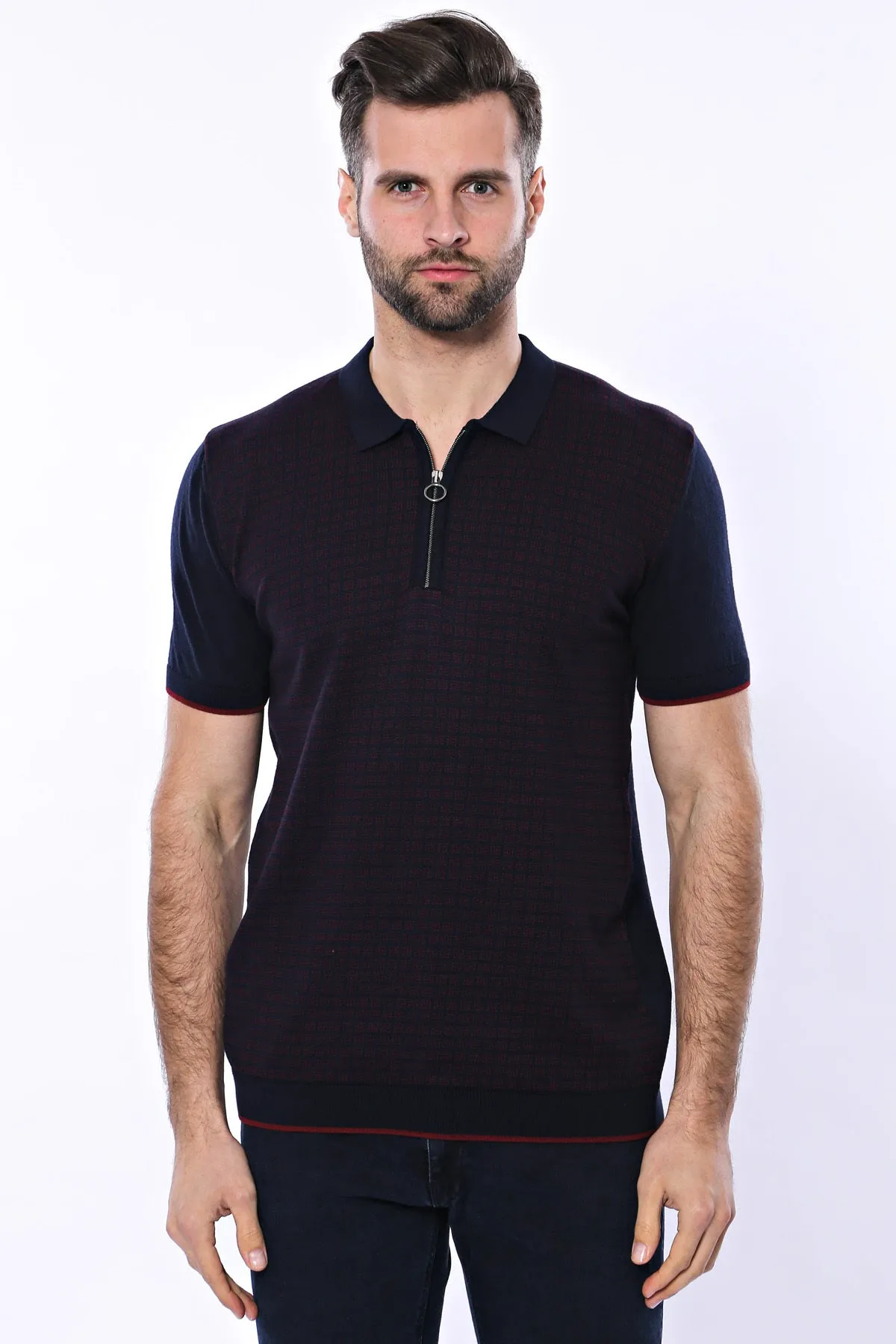Dark Blue Plaid Zippered Knitted Polo T-Shirt - Wessi sold by Wessi product image thumbnail 3