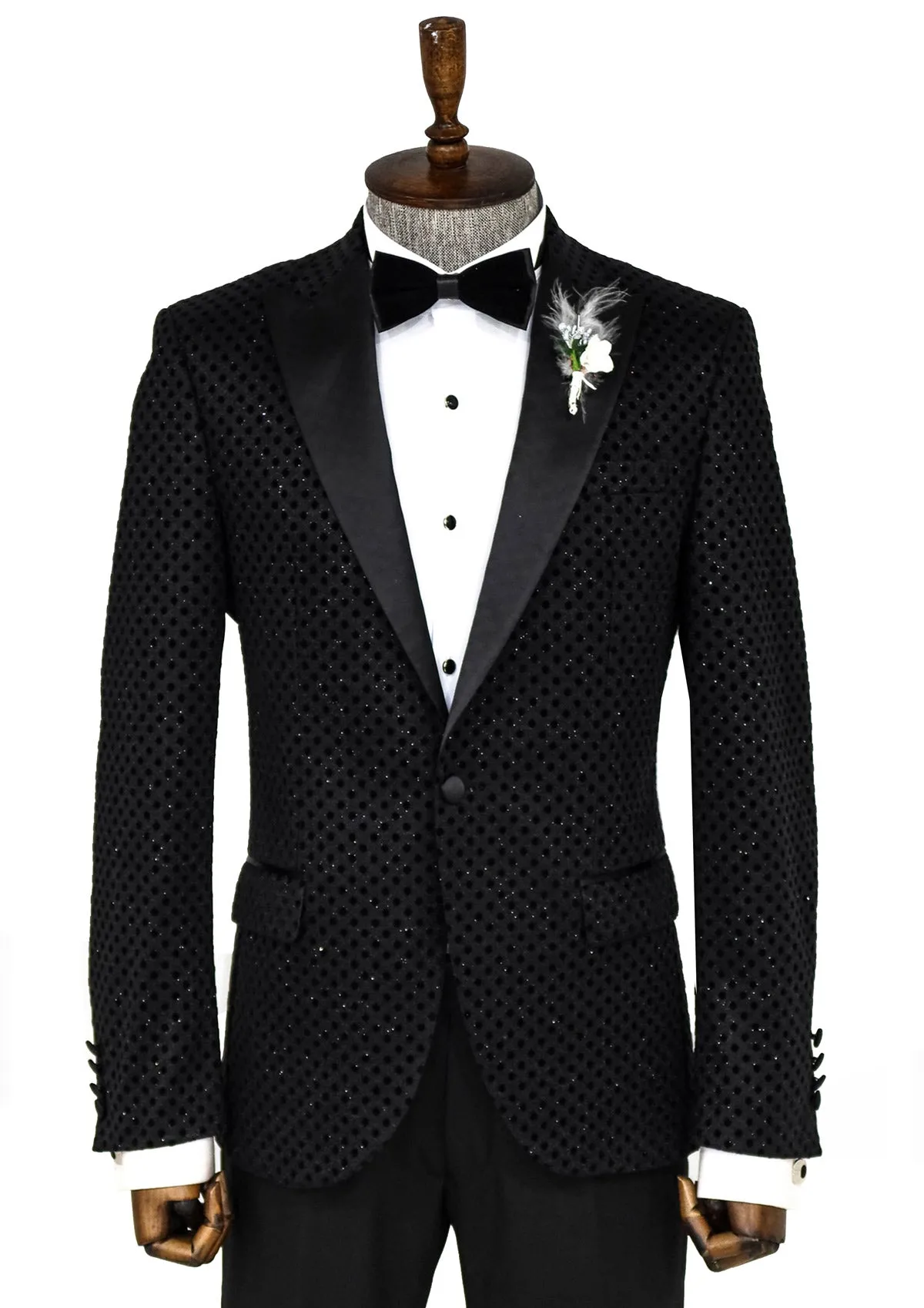 Sequin Dot Patterned Black Men Sparkly Singer Tuxedo Jacket - Wessi sold by Wessi